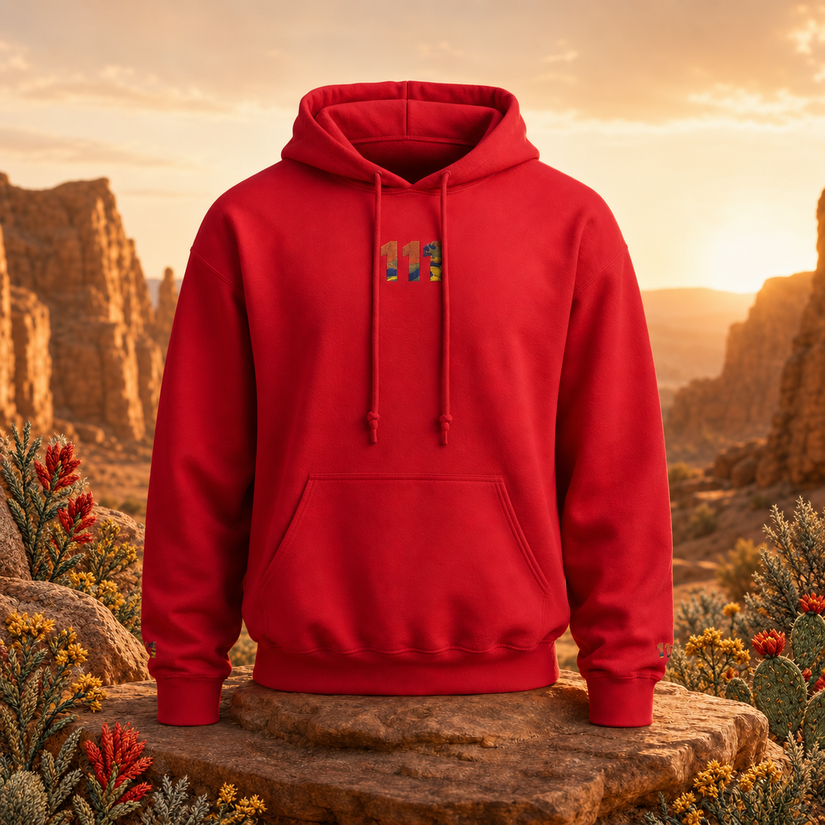 111 Desert Angel Number Hoodie in Cherry Red – Bright Future product image — original product in a realistic nature scene with embroidered environmental details.