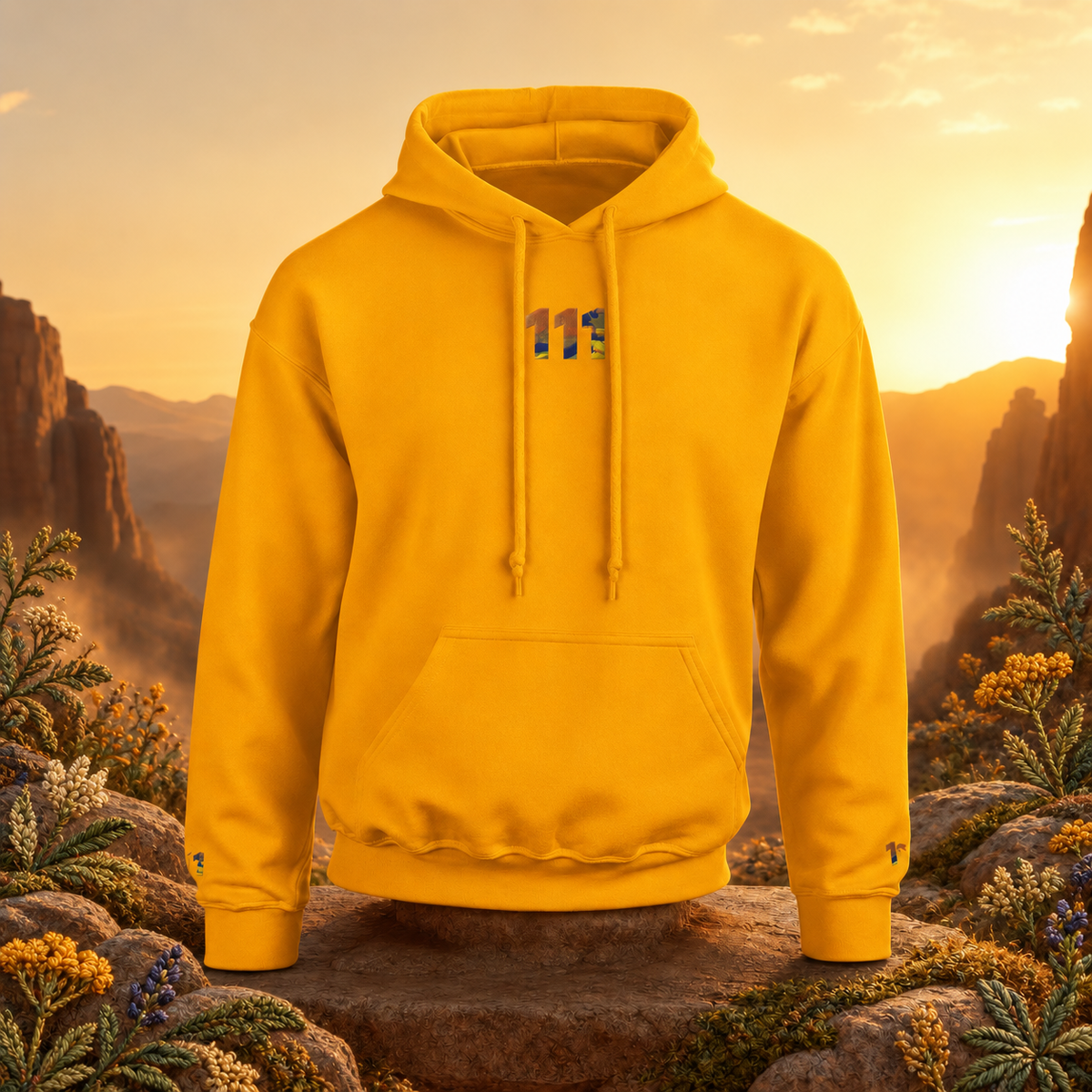 111 Desert Angel Number Hoodie in Gold – Bright Future product image — original product in a realistic nature scene with embroidered environmental details.