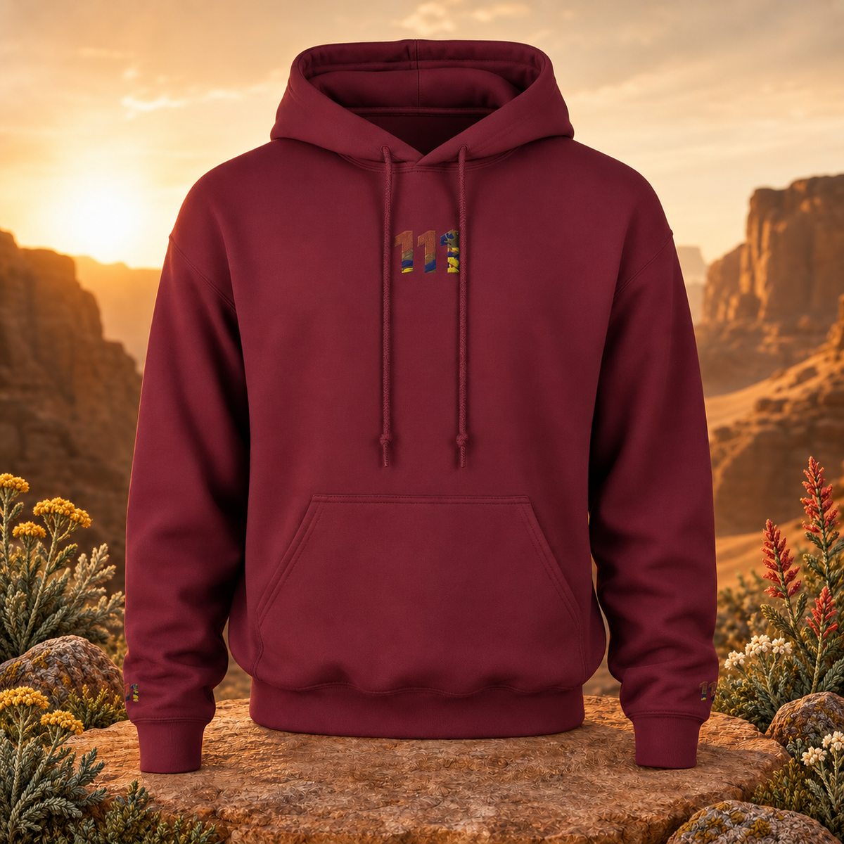 111 Desert Angel Number Hoodie in Maroon – Bright Future product image — original product in a realistic nature scene with embroidered environmental details.