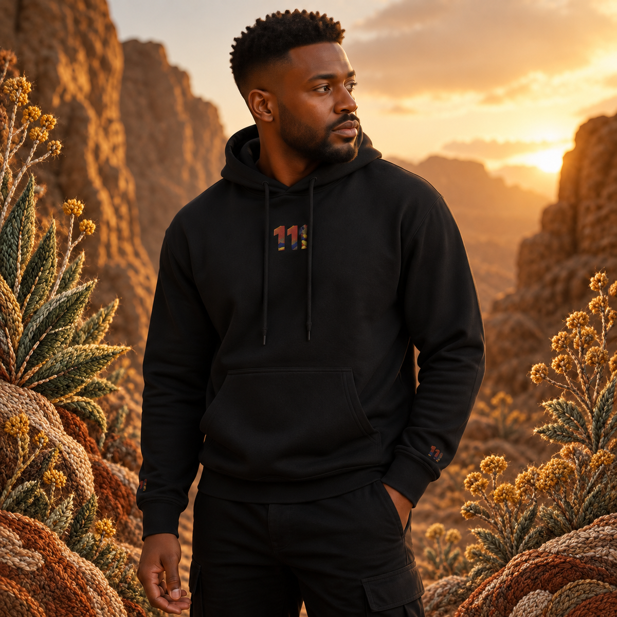 111 Desert Angel Number Hoodie in Black – Bright Future product image — realistic model in an embroidered nature scene.