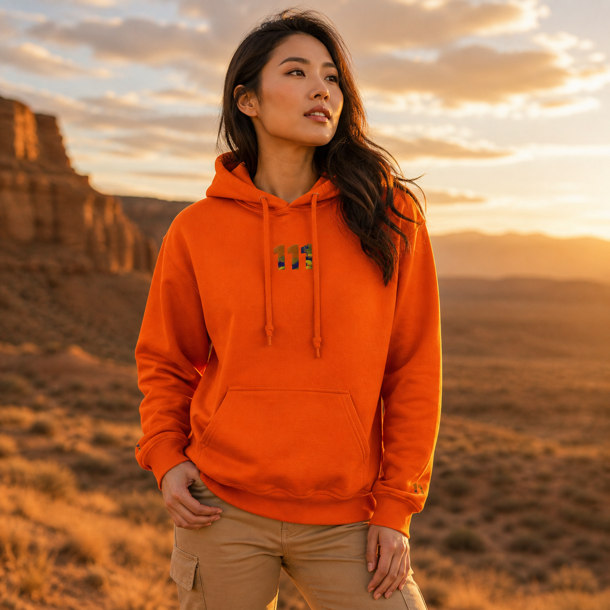 111 Desert Angel Number Hoodie in Orange – Bright Future product image