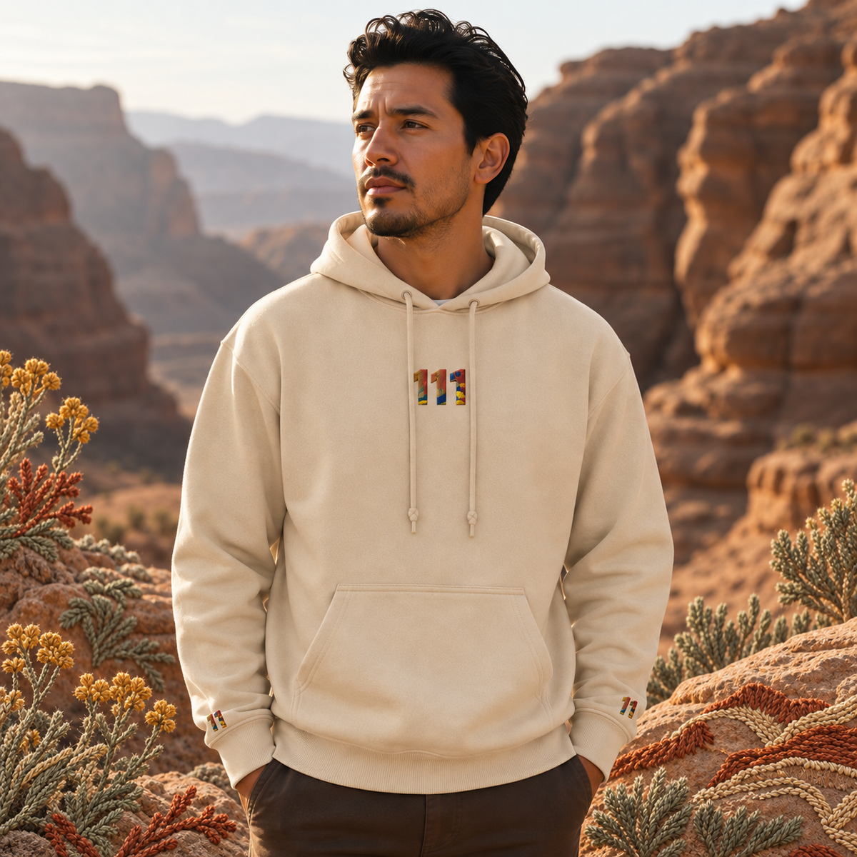 111 Desert Angel Number Hoodie in Sand – Bright Future product image — realistic model in an embroidered nature scene.