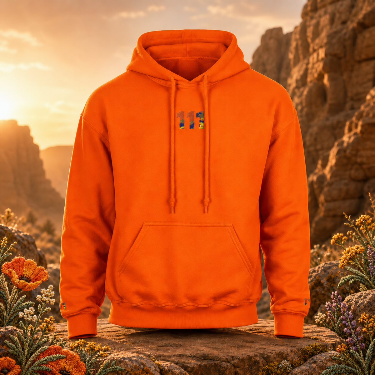111 Desert Angel Number Hoodie in Orange – Bright Future product image — original product in a realistic nature scene with embroidered environmental details.