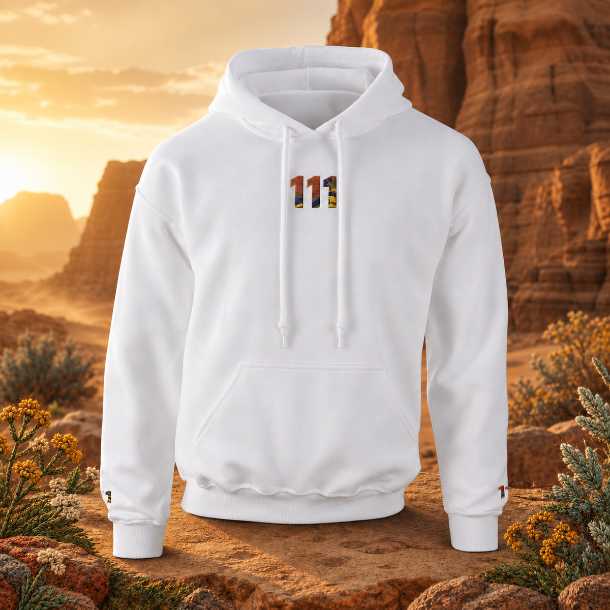 111 Desert Angel Number Hoodie in White – Bright Future product image — original product in a realistic nature scene with embroidered environmental details.