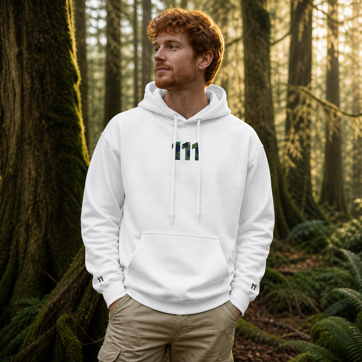 111 Forest Angel Number Hoodie in White – Bright Future product image