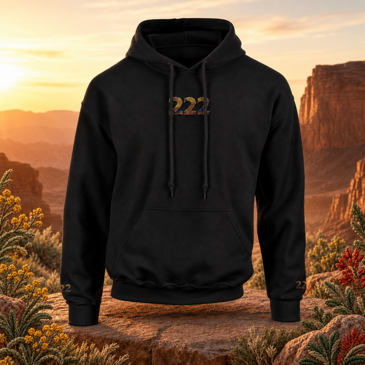 222 Desert Angel Number Hoodie in Black – Bright Future product image — original product in a realistic nature scene with embroidered environmental details.