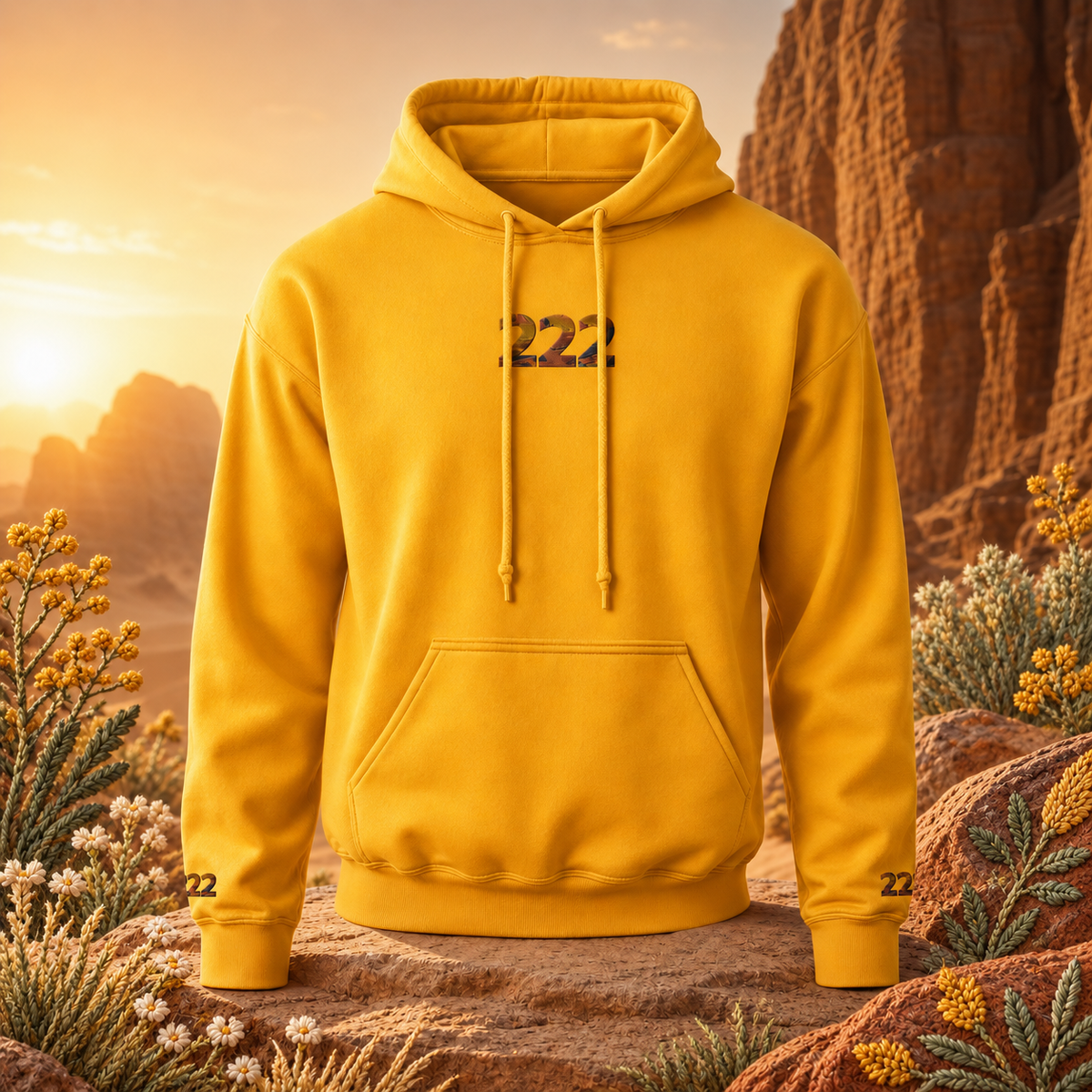 222 Desert Angel Number Hoodie in Gold – Bright Future product image — original product in a realistic nature scene with embroidered environmental details.