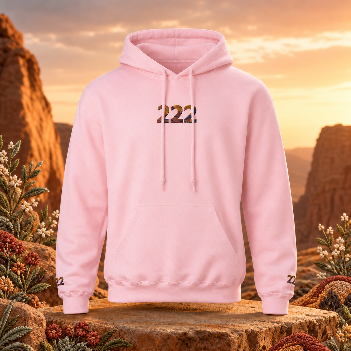 222 Desert Angel Number Hoodie in Light Pink – Bright Future product image — original product in a realistic nature scene with embroidered environmental details.