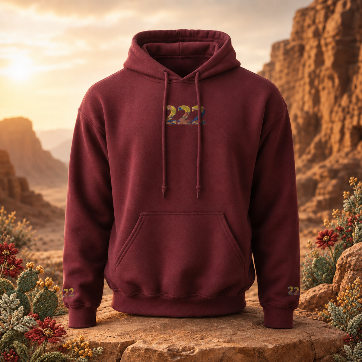 222 Desert Angel Number Hoodie in Maroon – Bright Future product image — original product in a realistic nature scene with embroidered environmental details.