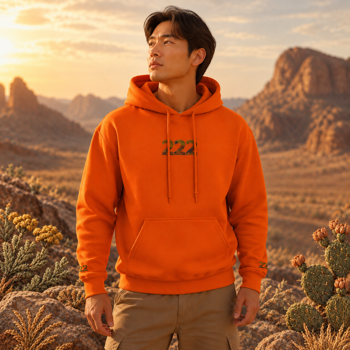 222 Desert Angel Number Hoodie in Orange – Bright Future product image — realistic model in an embroidered nature scene.