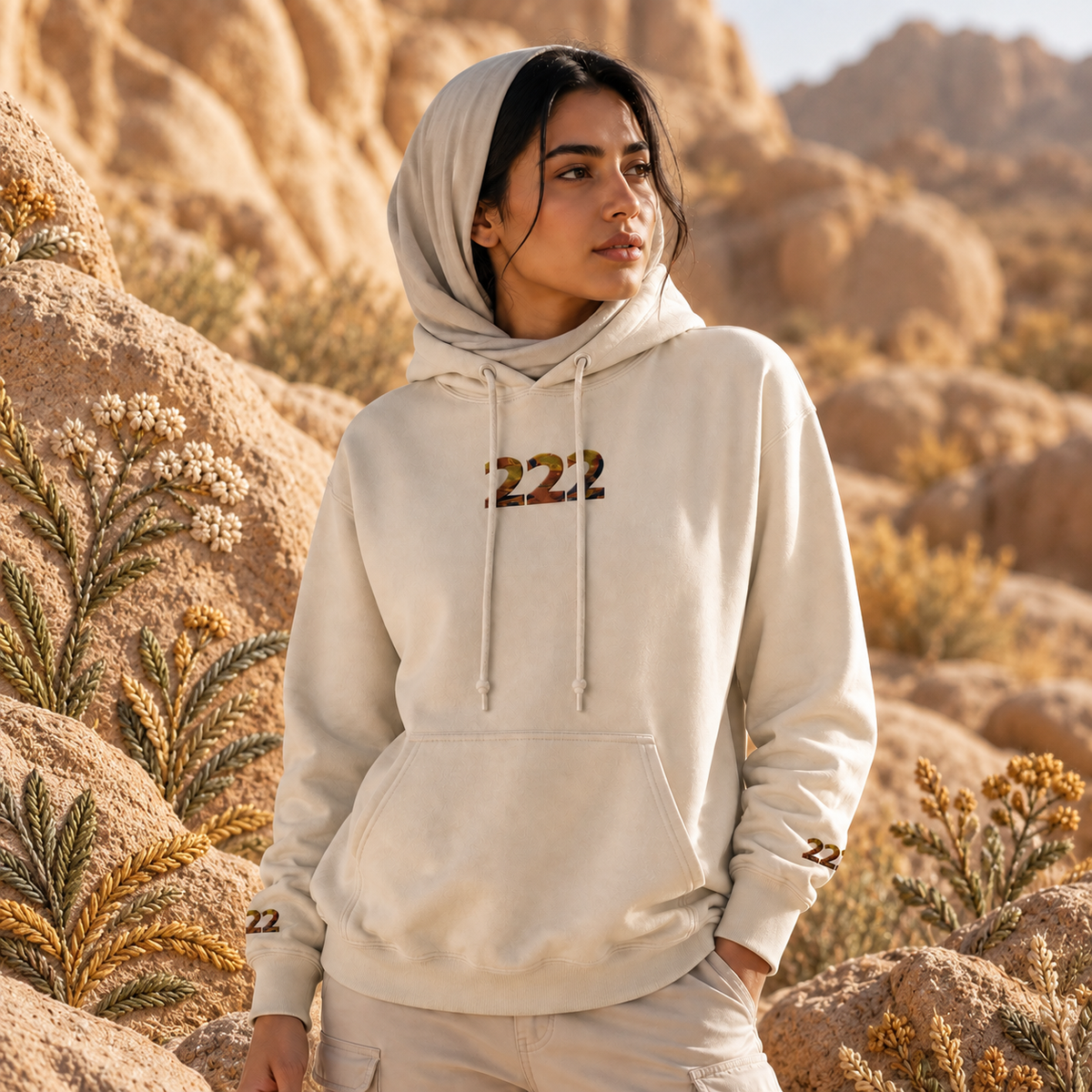 222 Desert Angel Number Hoodie in Sand – Bright Future product image — realistic model in an embroidered nature scene.