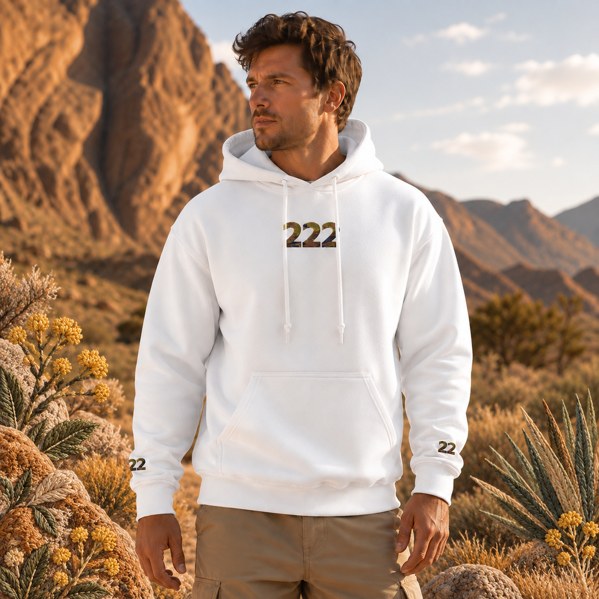 222 Desert Angel Number Hoodie in White – Bright Future product image — realistic model in an embroidered nature scene.