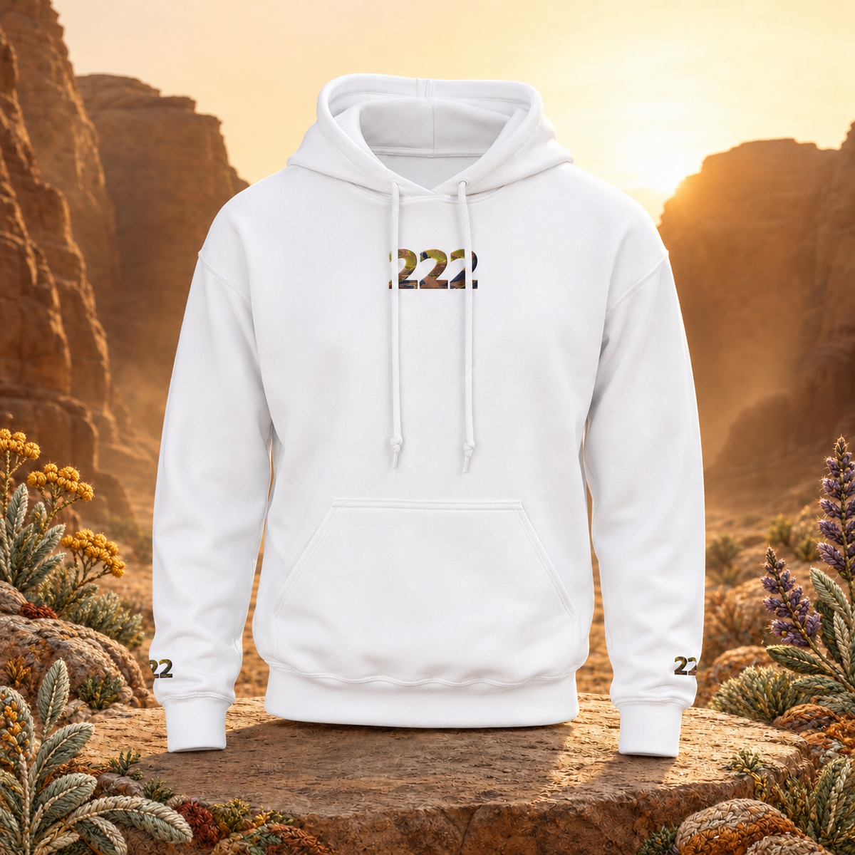 222 Desert Angel Number Hoodie in White – Bright Future product image — original product in a realistic nature scene with embroidered environmental details.