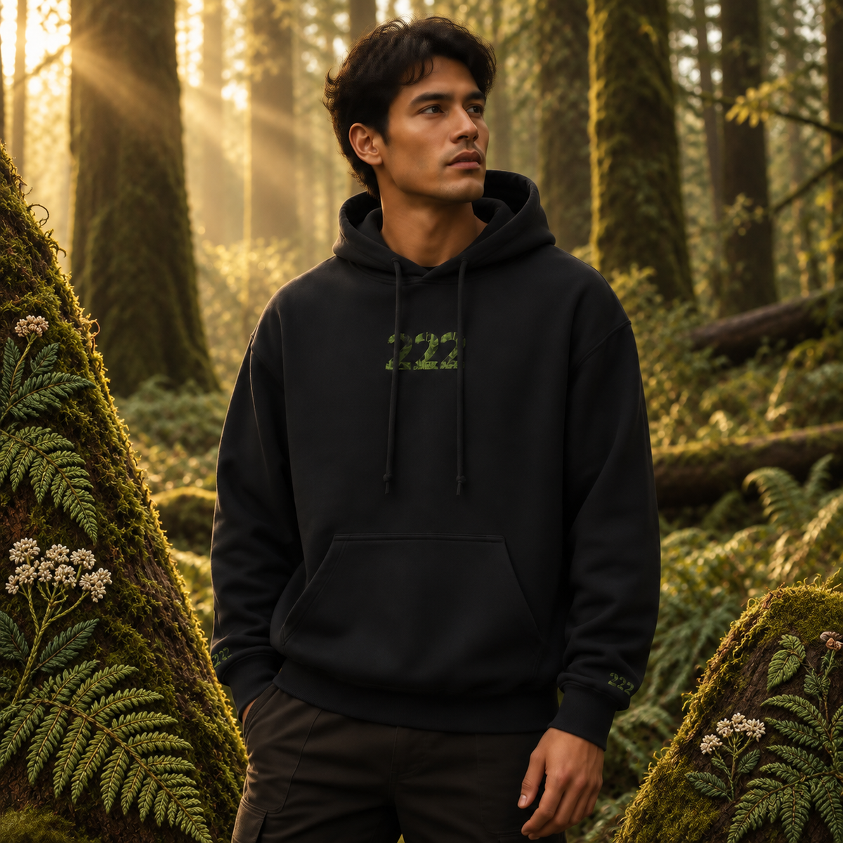 222 Forest Angel Number Hoodie in Black – Bright Future product image — realistic model in an embroidered nature scene.