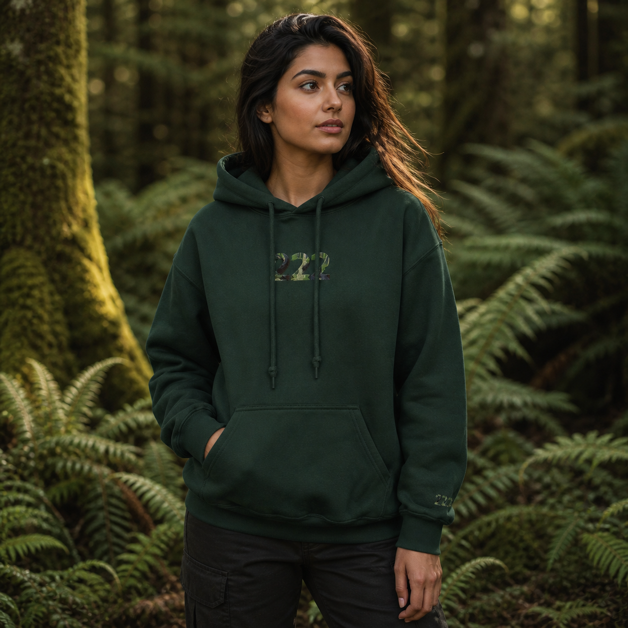 222 Forest Angel Number Hoodie in Forest Green – Bright Future product image