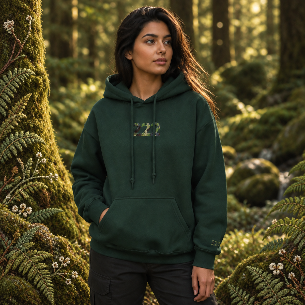 222 Forest Angel Number Hoodie in Forest Green – Bright Future product image — realistic model in an embroidered nature scene.