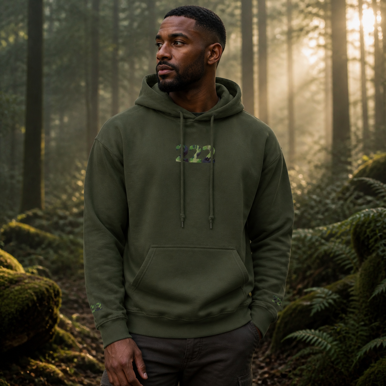 222 Forest Angel Number Hoodie in Military Green – Bright Future product image
