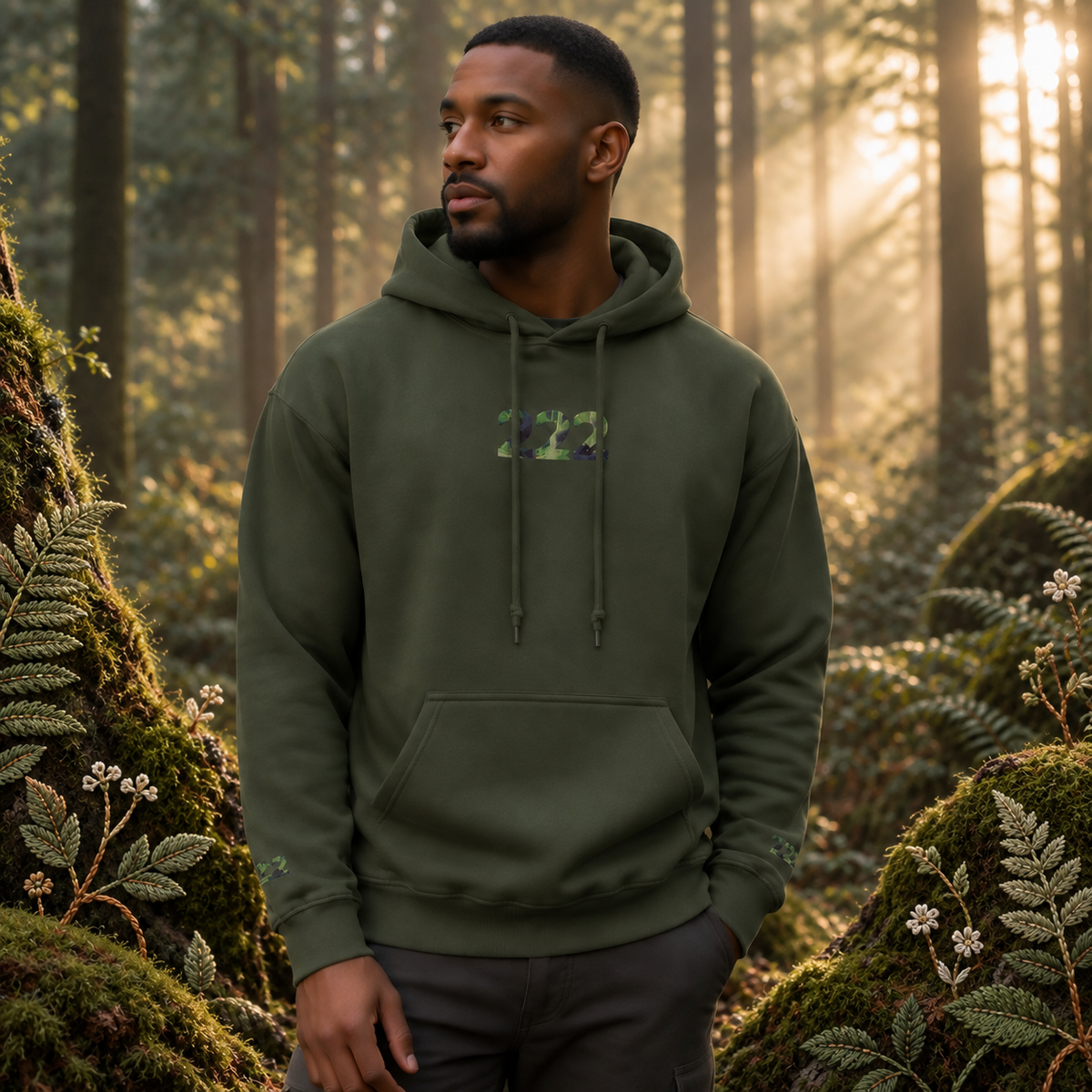 222 Forest Angel Number Hoodie in Military Green – Bright Future product image — realistic model in an embroidered nature scene.
