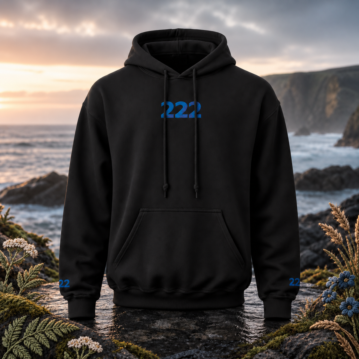 222 Ocean Angel Number Hoodie in Black β Bright Future product image β original product in a realistic nature scene with embroidered environmental details.