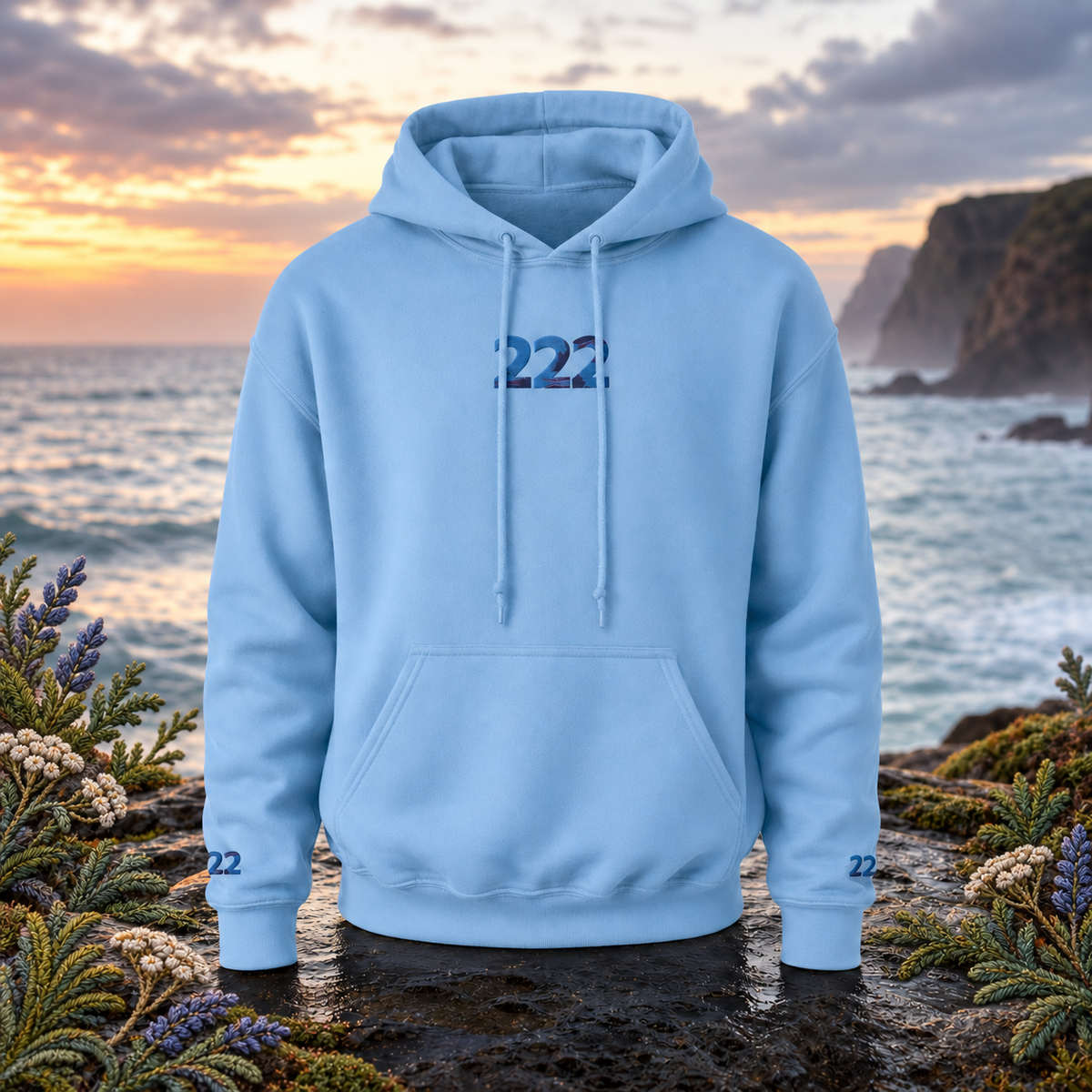 222 Ocean Angel Number Hoodie in Carolina Blue β Bright Future product image β original product in a realistic nature scene with embroidered environmental details.