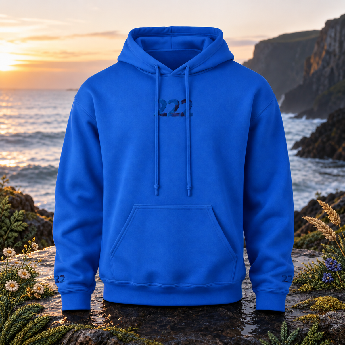 222 Ocean Angel Number Hoodie β Bright Future product image β original product in a realistic nature scene with embroidered environmental details.