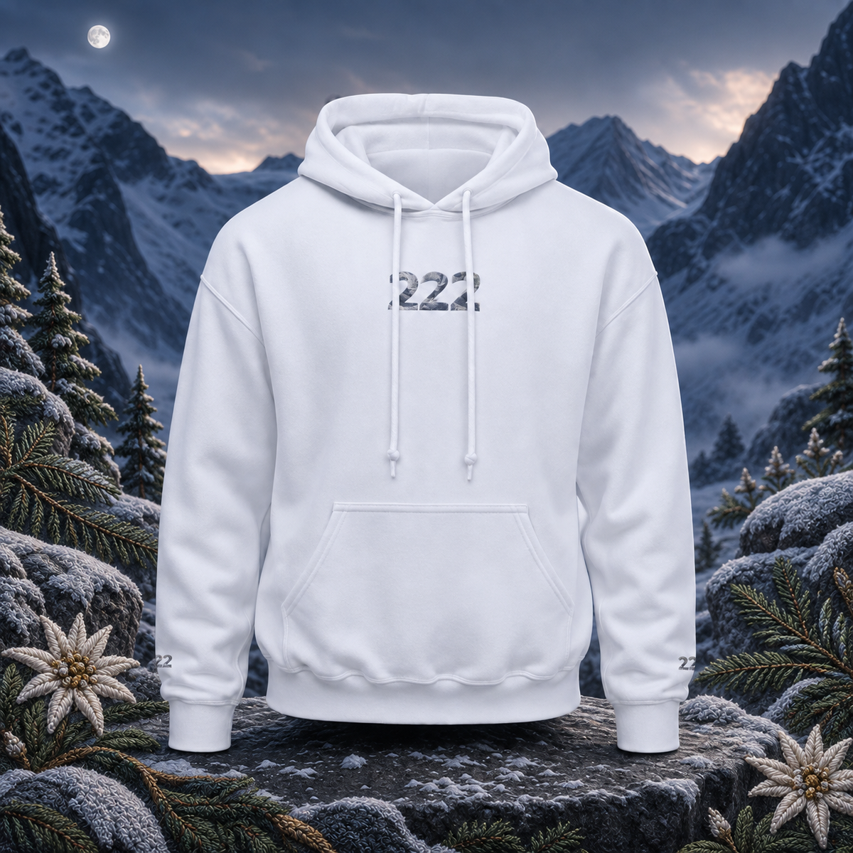 222 Snowy Mountain Angel Number Hoodie in White – Bright Future product image — original product in a realistic nature scene with embroidered environmental details.