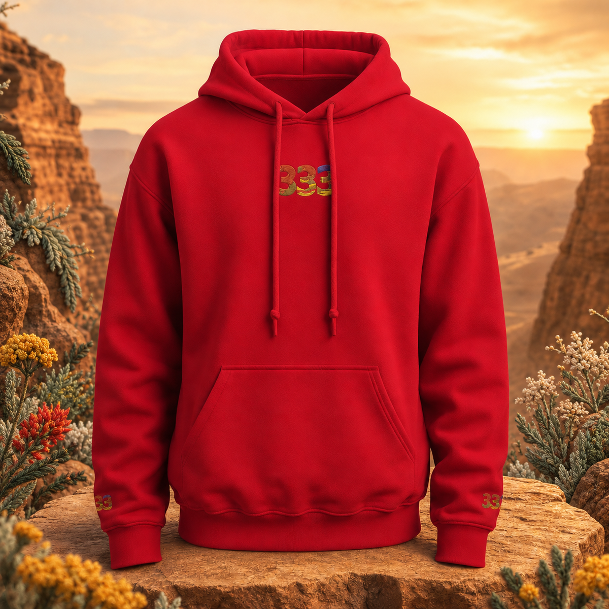 333 Desert Angel Number Hoodie in Cherry Red – Bright Future product image — original product in a realistic nature scene with embroidered environmental details.