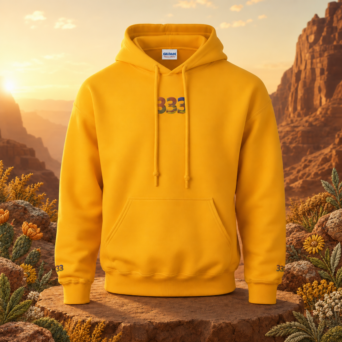 333 Desert Angel Number Hoodie in Gold – Bright Future product image — original product in a realistic nature scene with embroidered environmental details.