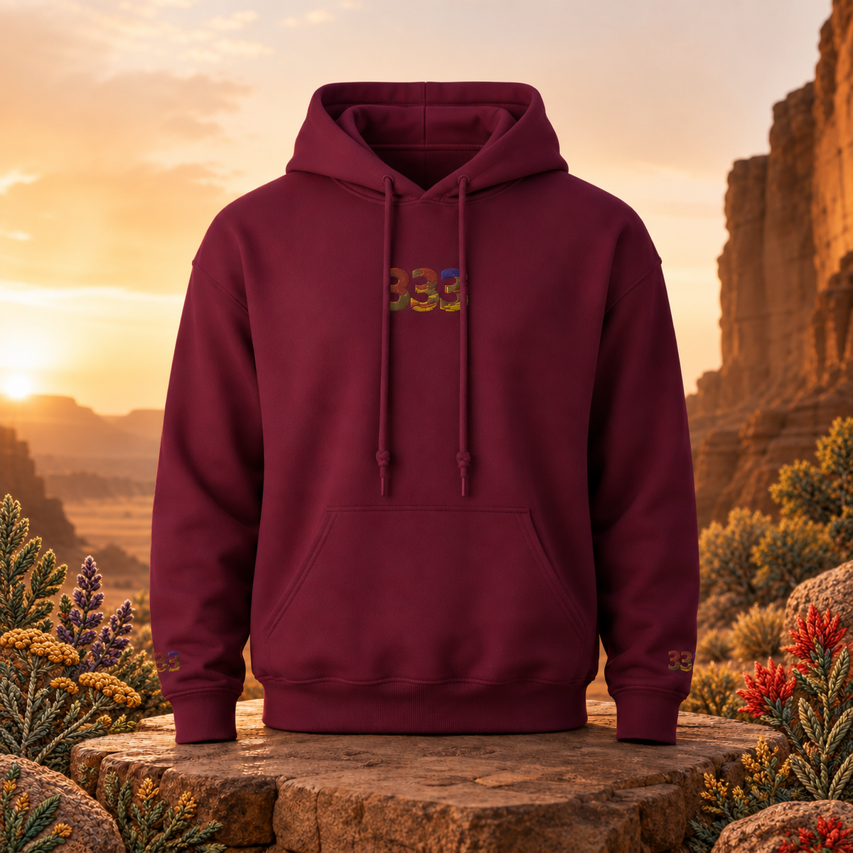 333 Desert Angel Number Hoodie in Maroon – Bright Future product image — original product in a realistic nature scene with embroidered environmental details.