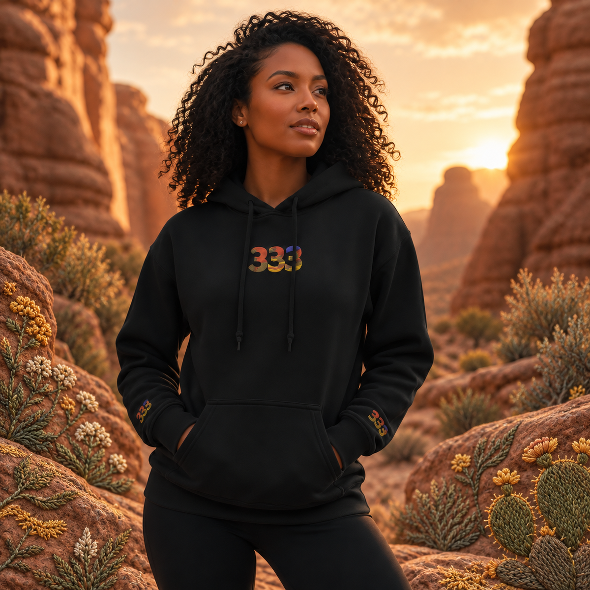 333 Desert Angel Number Hoodie in Black – Bright Future product image — realistic model in an embroidered nature scene.