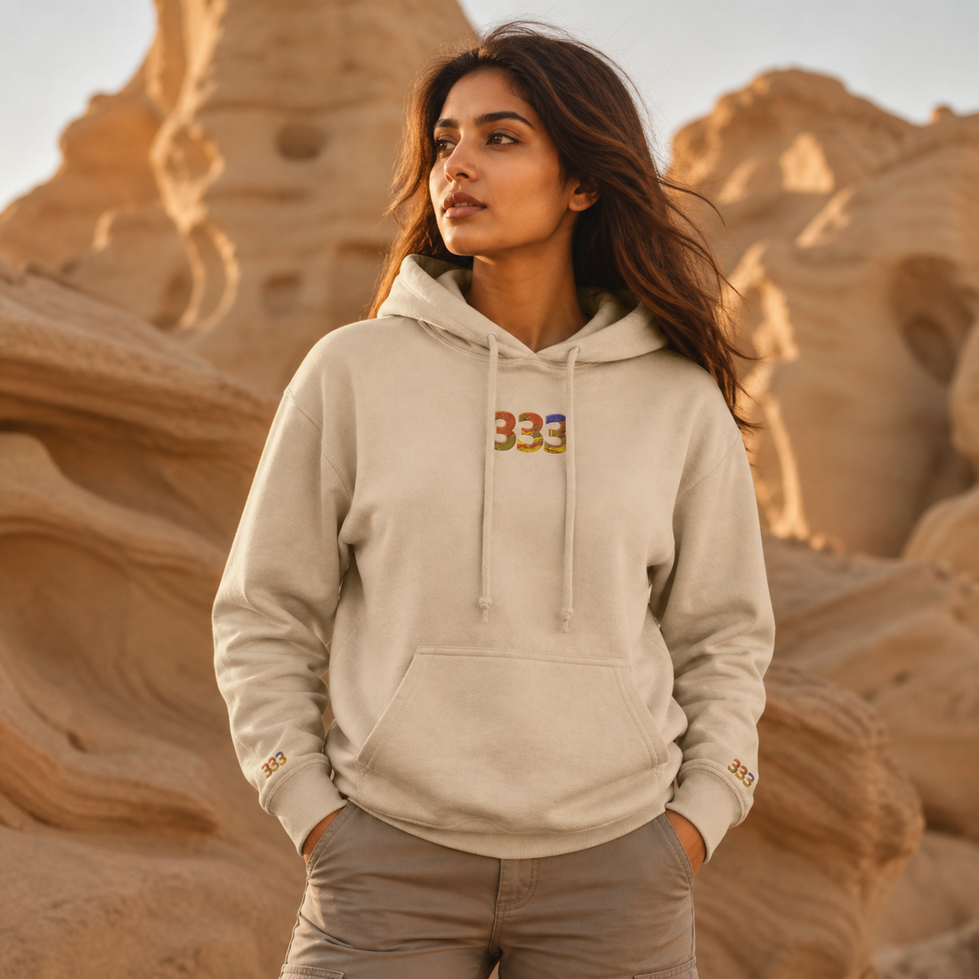 333 Desert Angel Number Hoodie in Sand – Bright Future product image