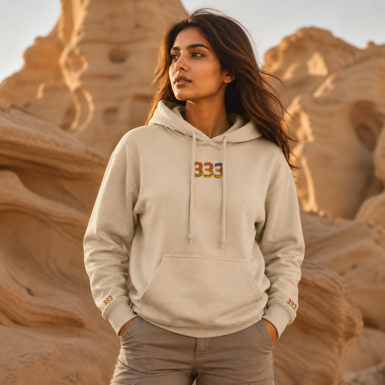 333 Desert Angel Number Hoodie in Sand – Bright Future product image