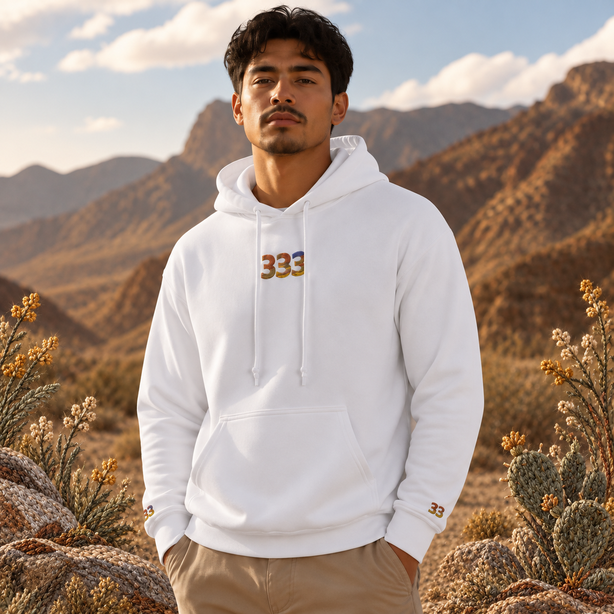 333 Desert Angel Number Hoodie in White – Bright Future product image — realistic model in an embroidered nature scene.