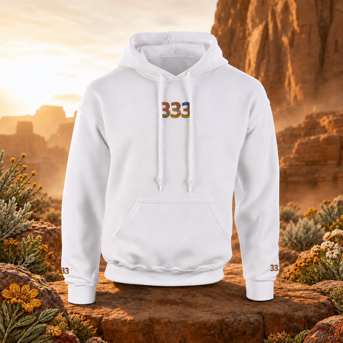 333 Desert Angel Number Hoodie in White – Bright Future product image — original product in a realistic nature scene with embroidered environmental details.