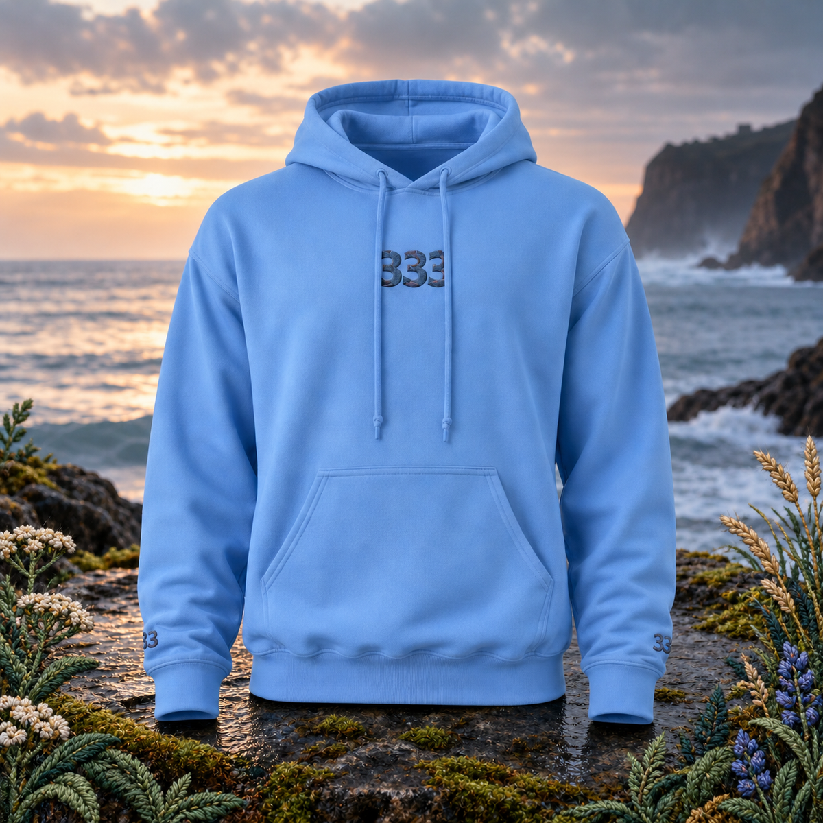 333 Ocean Angel Number Hoodie in Carolina Blue β Bright Future product image β original product in a realistic nature scene with embroidered environmental details.