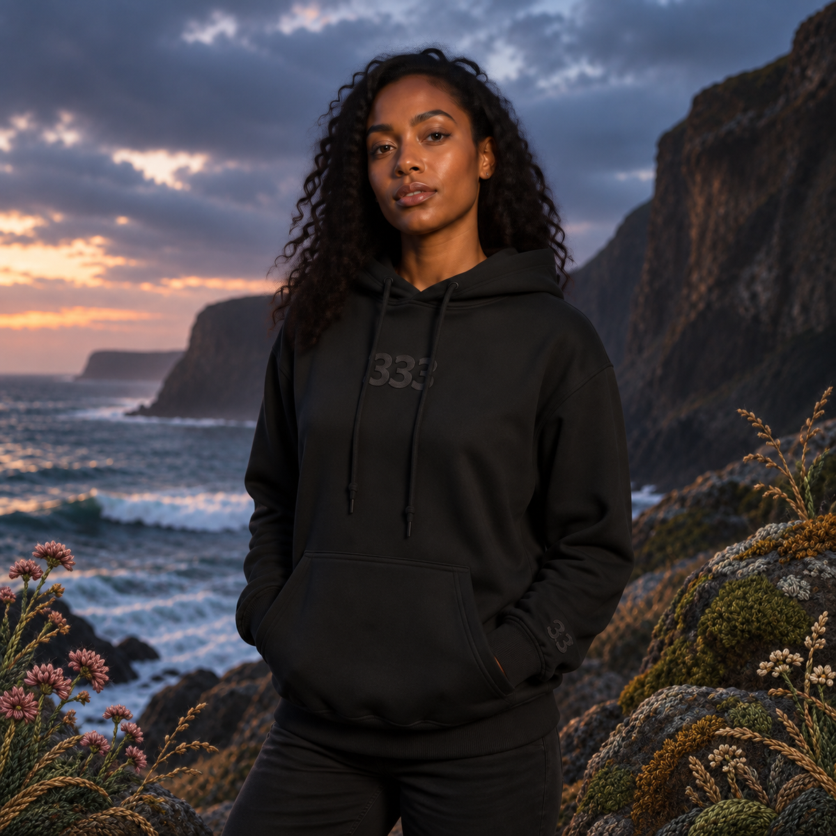 333 Ocean Angel Number Hoodie in Black β Bright Future product image β realistic model in an embroidered nature scene.