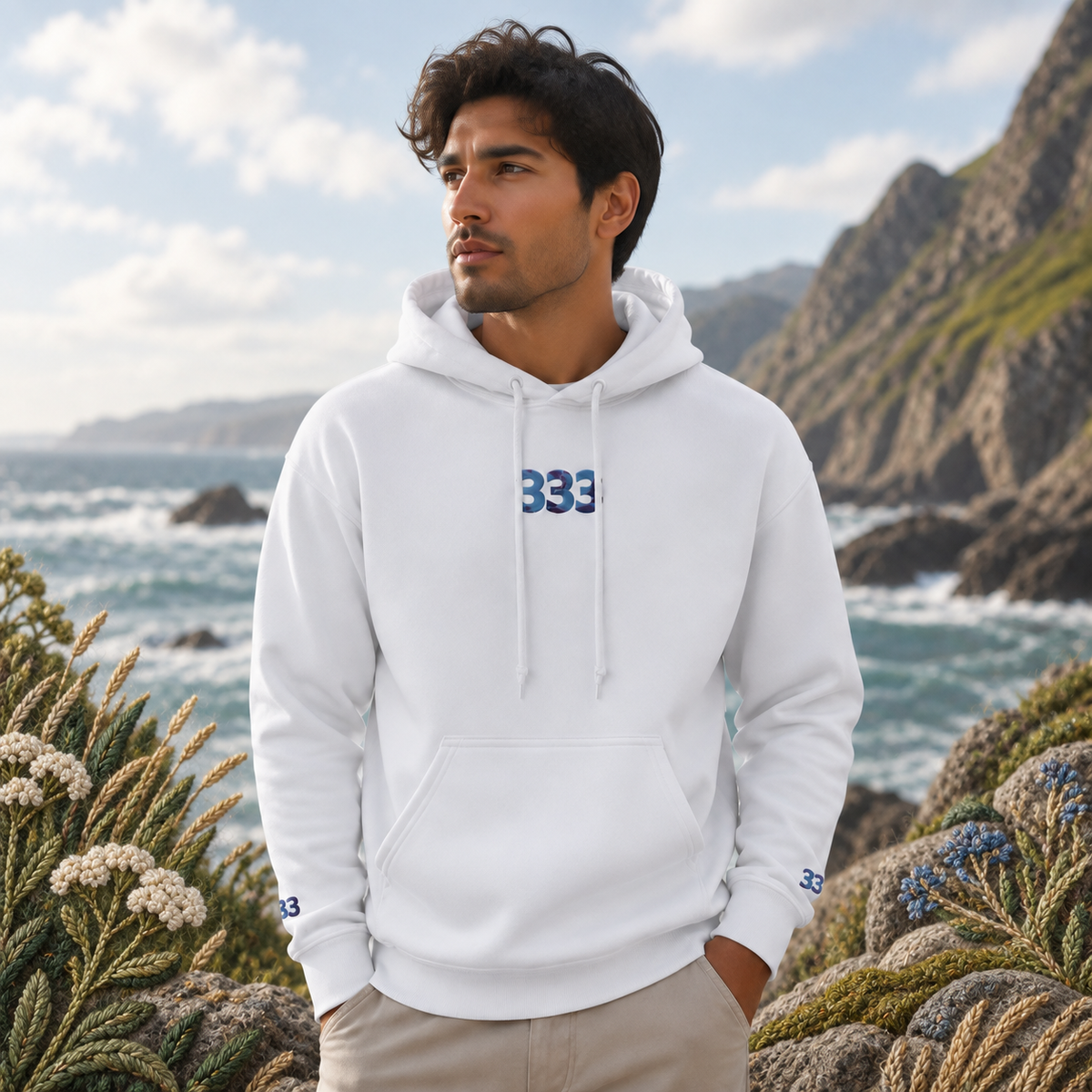 333 Ocean Angel Number Hoodie in White β Bright Future product image β realistic model in an embroidered nature scene.