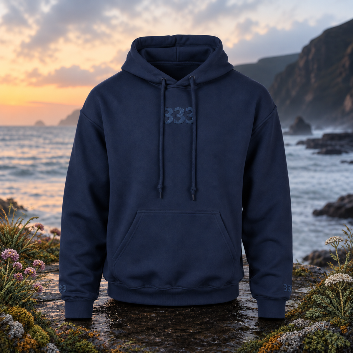 333 Ocean Angel Number Hoodie in Navy β Bright Future product image β original product in a realistic nature scene with embroidered environmental details.