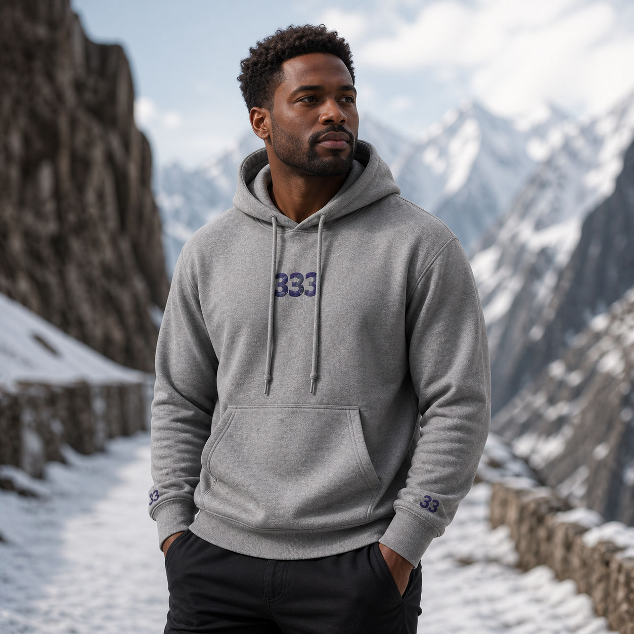 333 Snowy Mountain Angel Number Hoodie in Graphite Heather – Bright Future product image