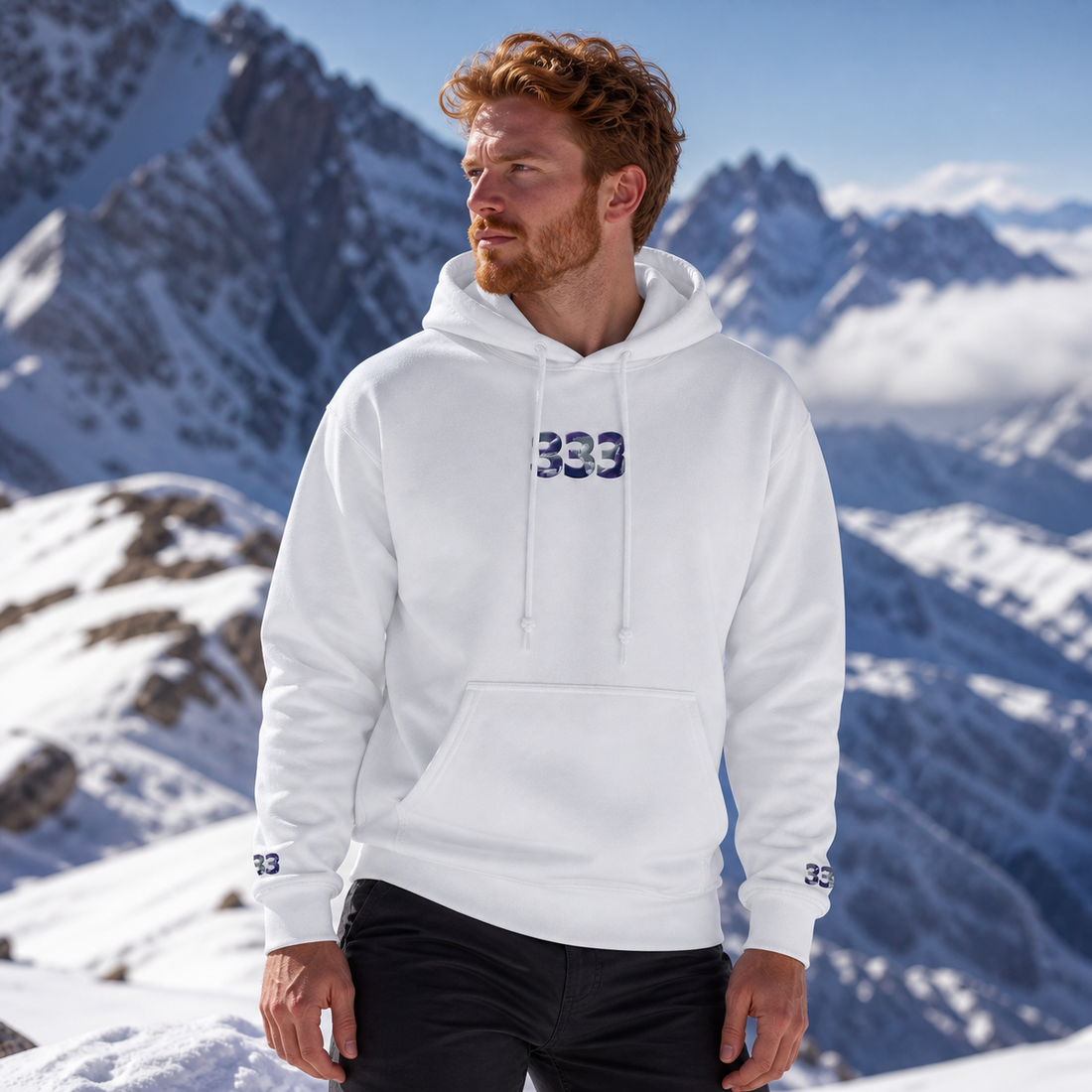 333 Snowy Mountain Angel Number Hoodie in White – Bright Future product image