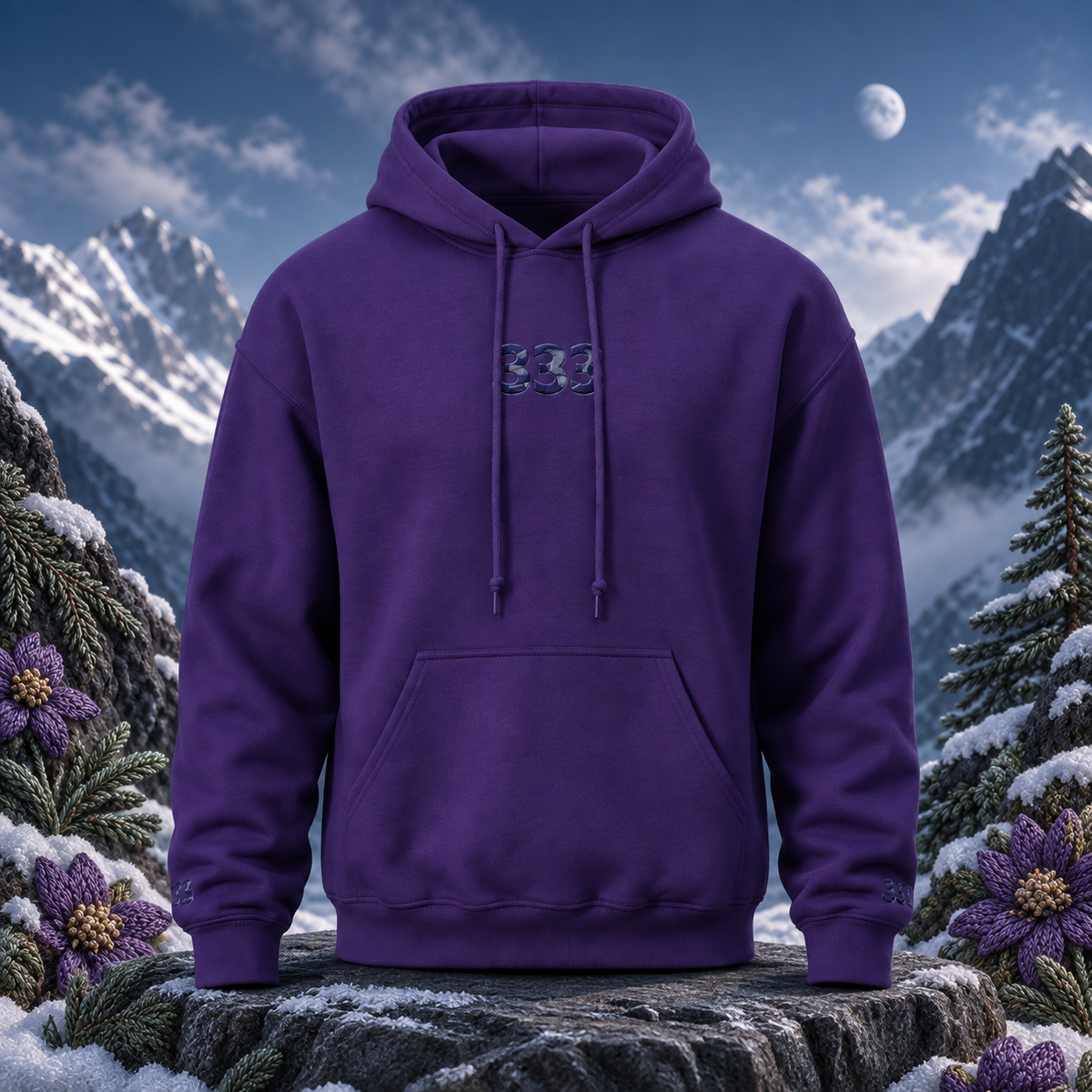 333 Snowy Mountain Angel Number Hoodie in Purple β Bright Future product image β original product in a realistic nature scene with embroidered environmental details.
