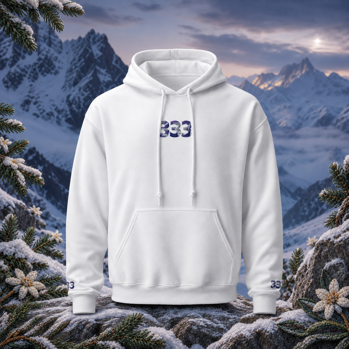 333 Snowy Mountain Angel Number Hoodie in White β Bright Future product image β original product in a realistic nature scene with embroidered environmental details.