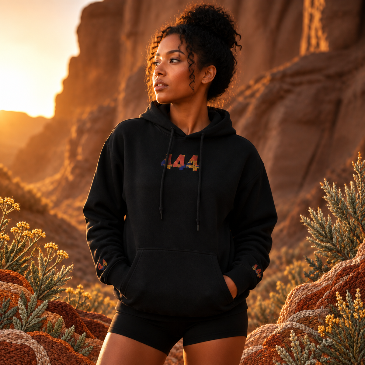 444 Desert Angel Number Hoodie in Black – Bright Future product image — realistic model in an embroidered nature scene.