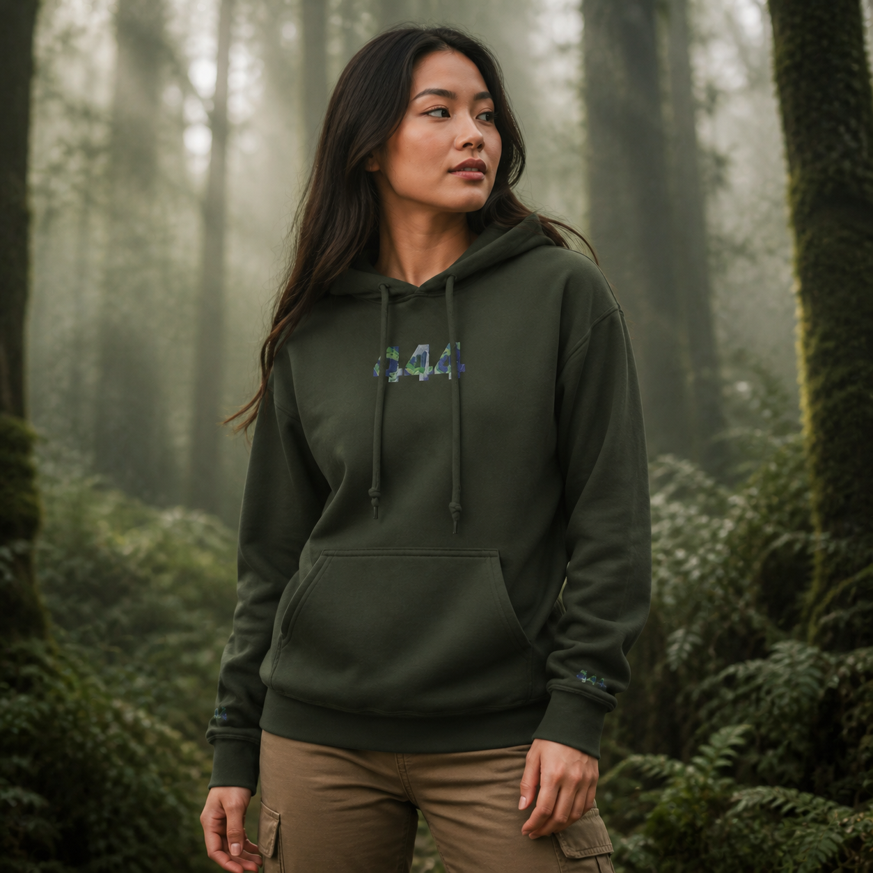 444 Forest Angel Number Hoodie in Military Green – Bright Future product image
