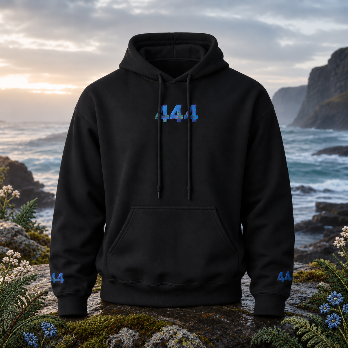 444 Ocean Angel Number Hoodie in Black β Bright Future product image β original product in a realistic nature scene with embroidered environmental details.