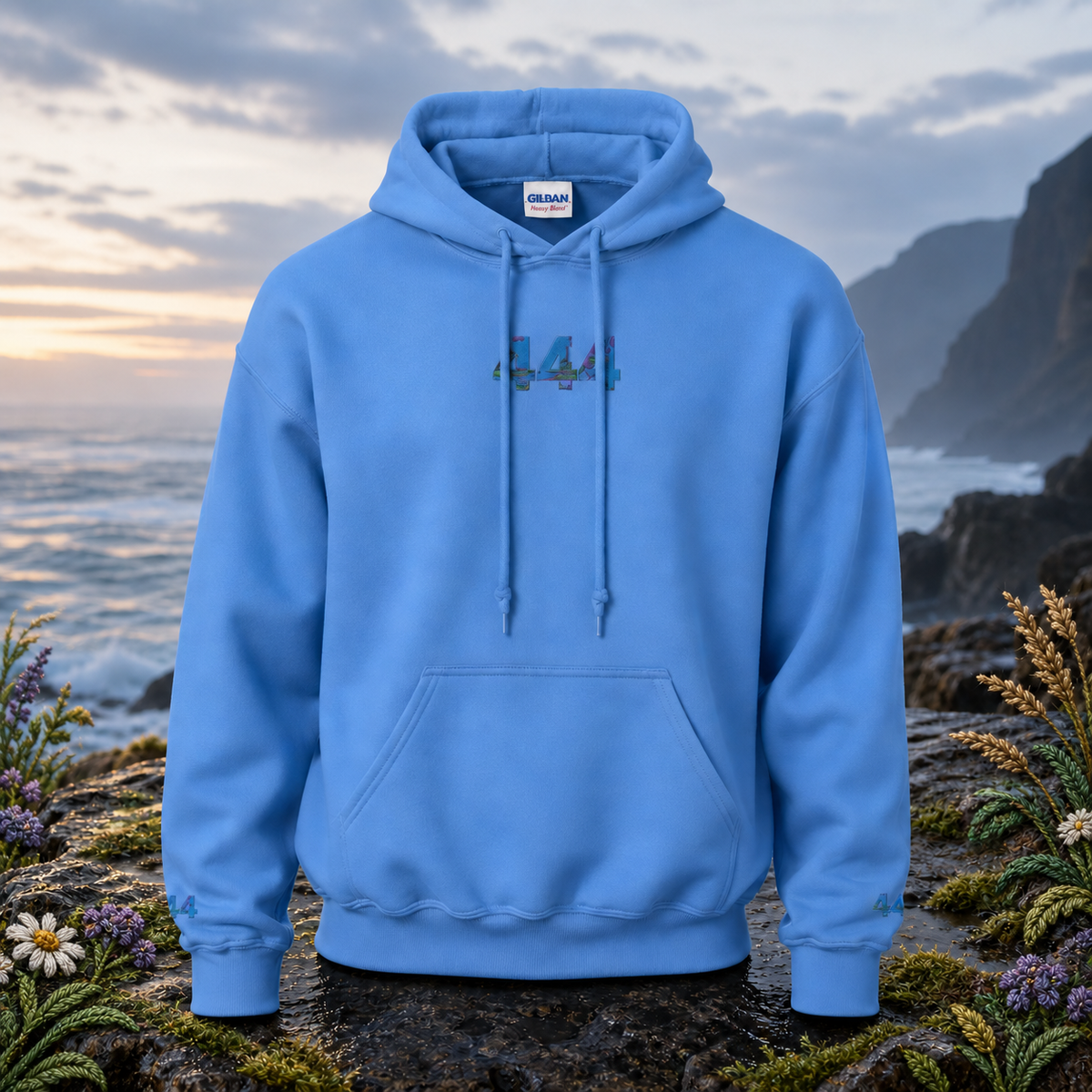 444 Ocean Angel Number Hoodie in Carolina Blue β Bright Future product image β original product in a realistic nature scene with embroidered environmental details.