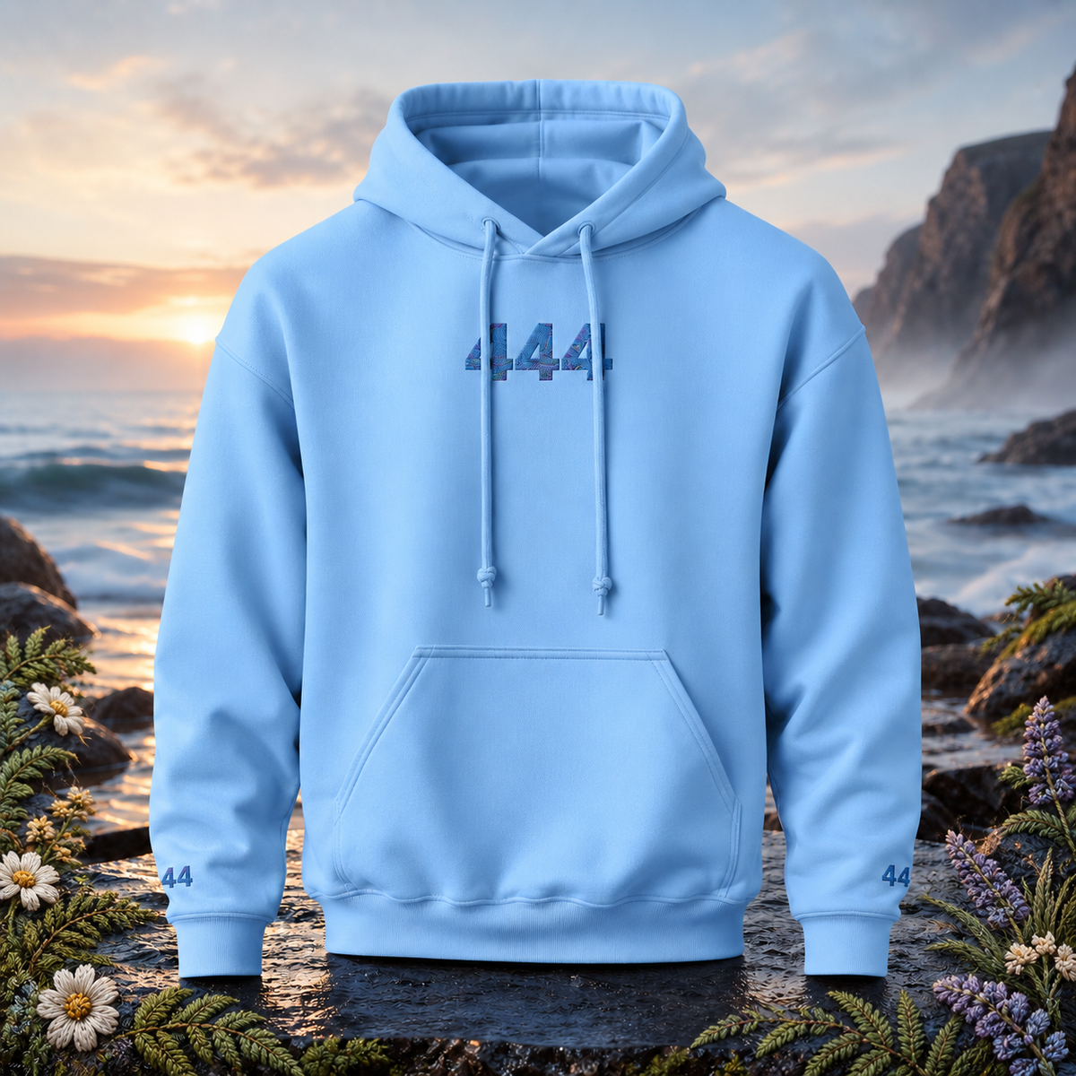 444 Ocean Angel Number Hoodie in Light Blue β Bright Future product image β original product in a realistic nature scene with embroidered environmental details.