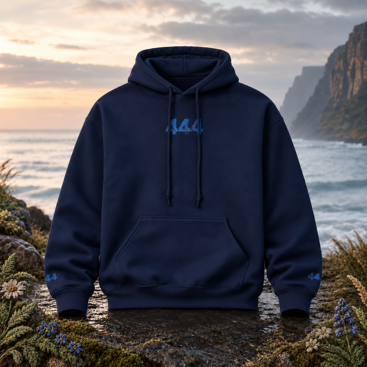 444 Ocean Angel Number Hoodie in Navy β Bright Future product image β original product in a realistic nature scene with embroidered environmental details.