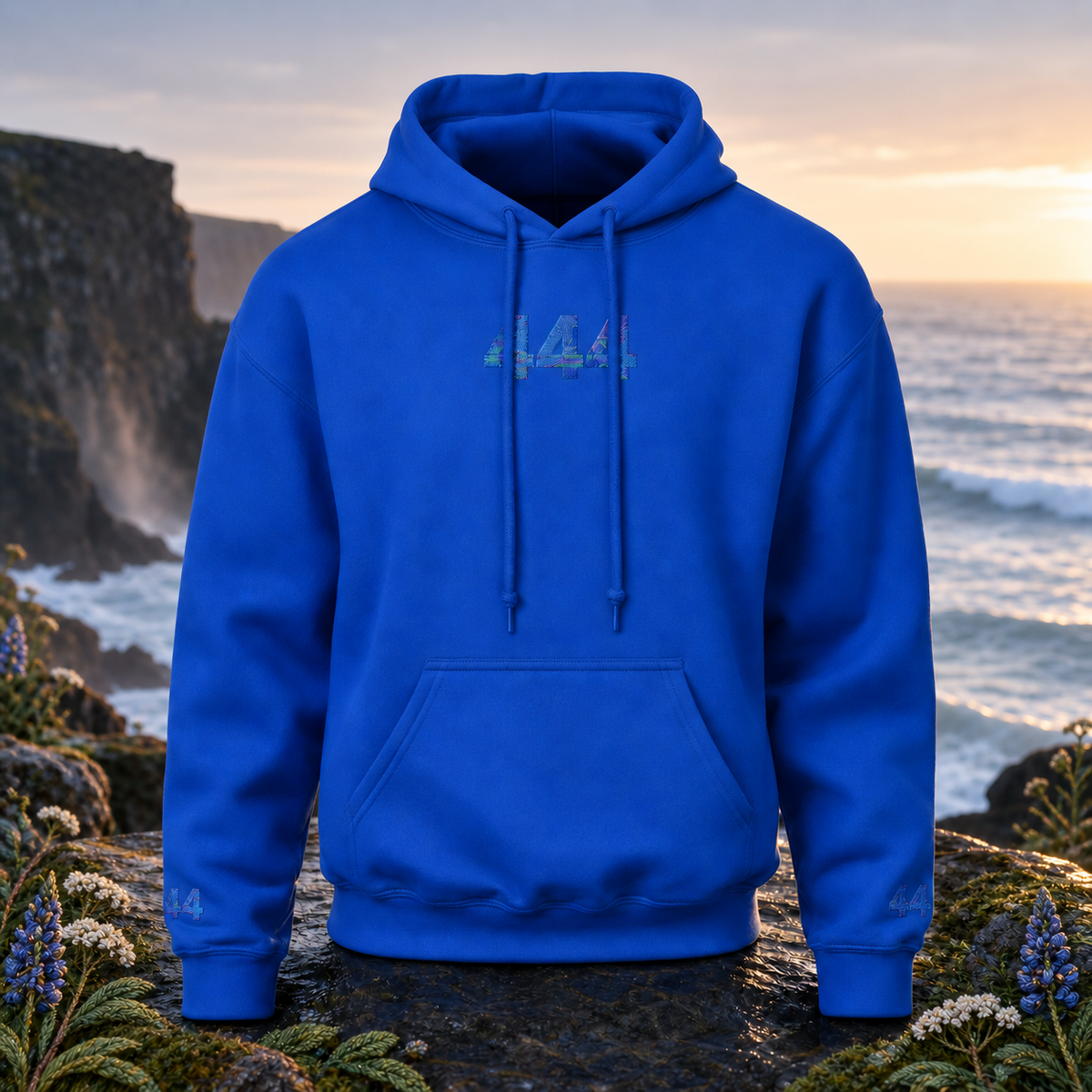 444 Ocean Angel Number Hoodie β Bright Future product image β original product in a realistic nature scene with embroidered environmental details.