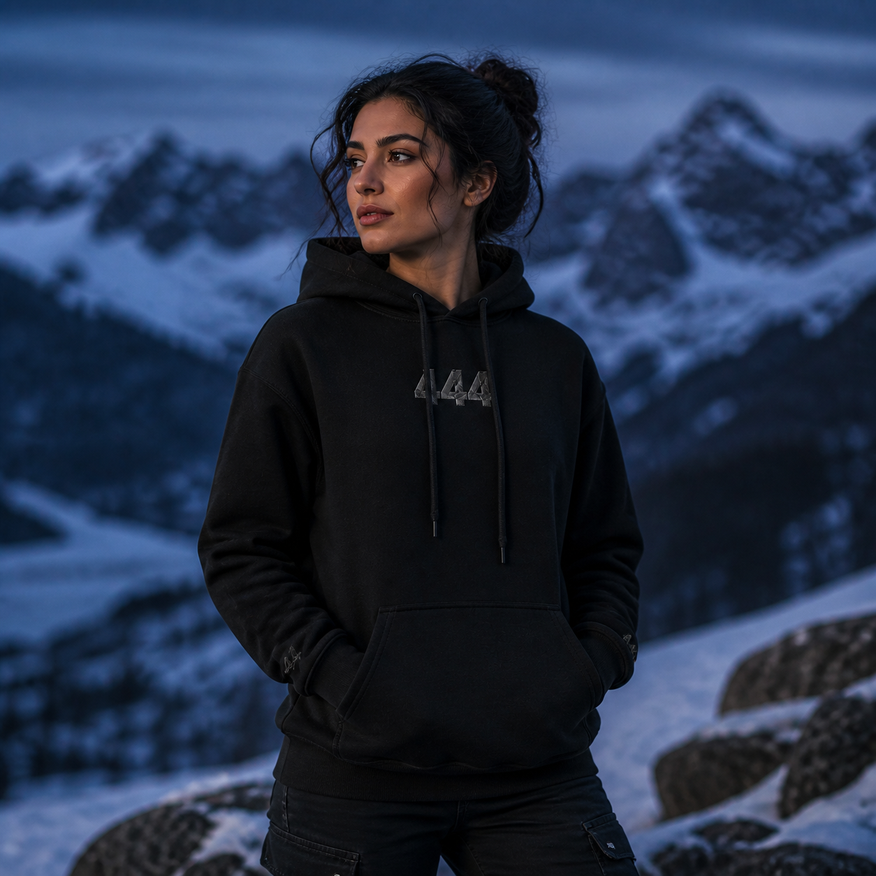 444 Snowy Mountain Angel Number Hoodie in Black – Bright Future product image